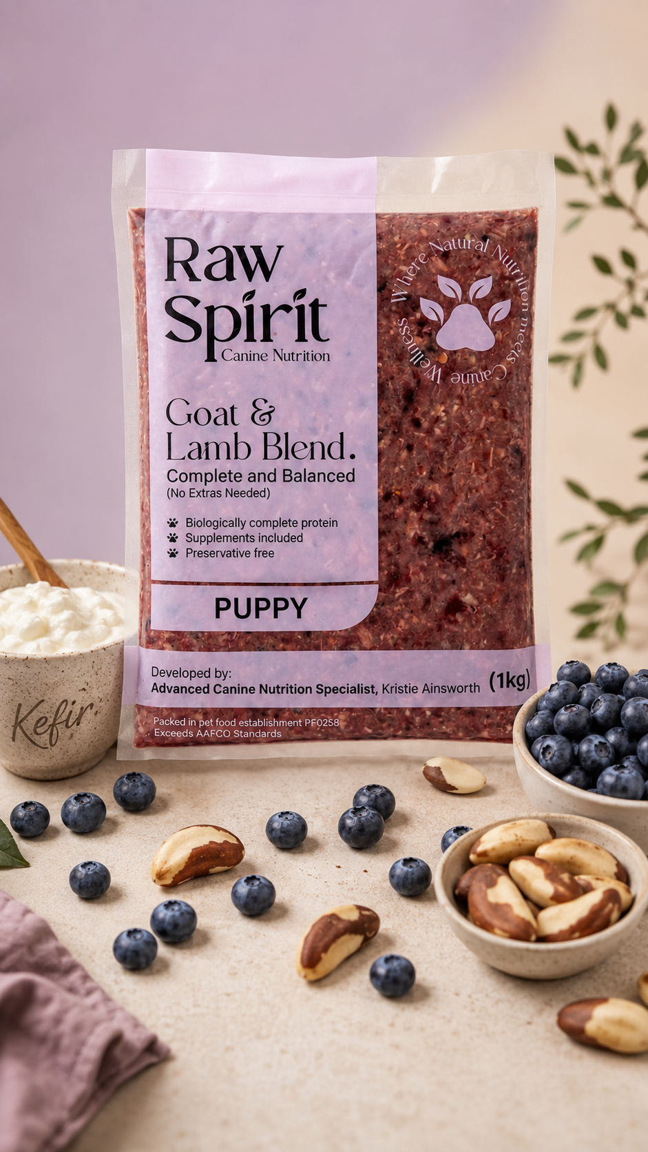 Raw Spirit Goat and Lamb Blend complete and balanced raw dog food, 1 kg pack for puppies