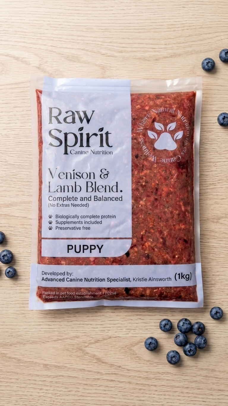 Raw Spirit Venison and Lamb Blend complete and balanced raw dog food, 1 kg pack for puppies